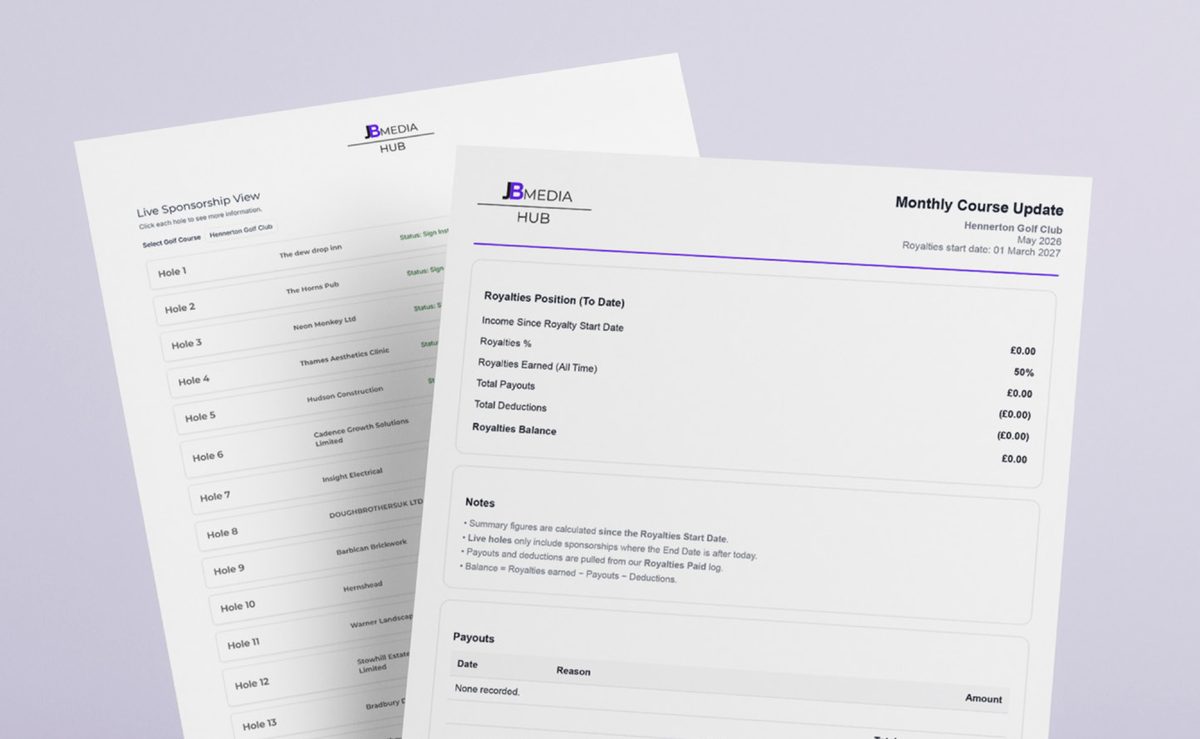 A monthly course update and royalty statement from the JB Golf Group portal